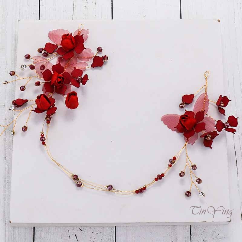 Băng đô cài tóc GETNOIVAS hình lá cây bằng hợp kim màu đỏ thời trang cho cô dâu