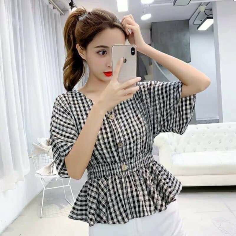 áo kiểu nữ 🍒freeship🍒 áo kẻ caro nhún eo nữ đẹp