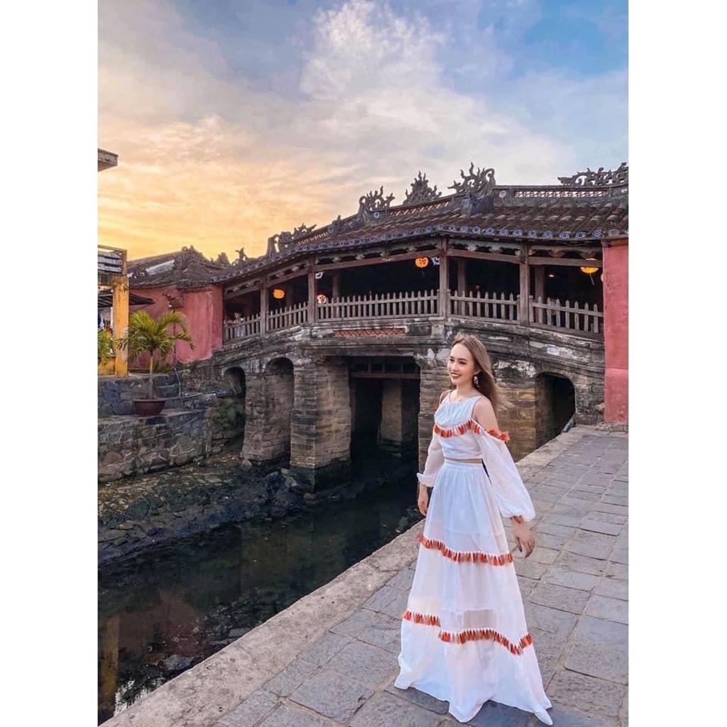 Set váy maxi dễ thương tay rớt vai với chân váy phối họa tiết tiểu thư dáng dài xinh đẹp phong cách XUKA-DRESS DT05