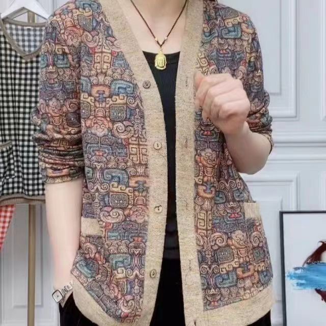 Áo Khoác Cardigan Dệt Kim Tay Dài Dáng Rộng Thời Trang Cho Phụ Nữ Trung Niên