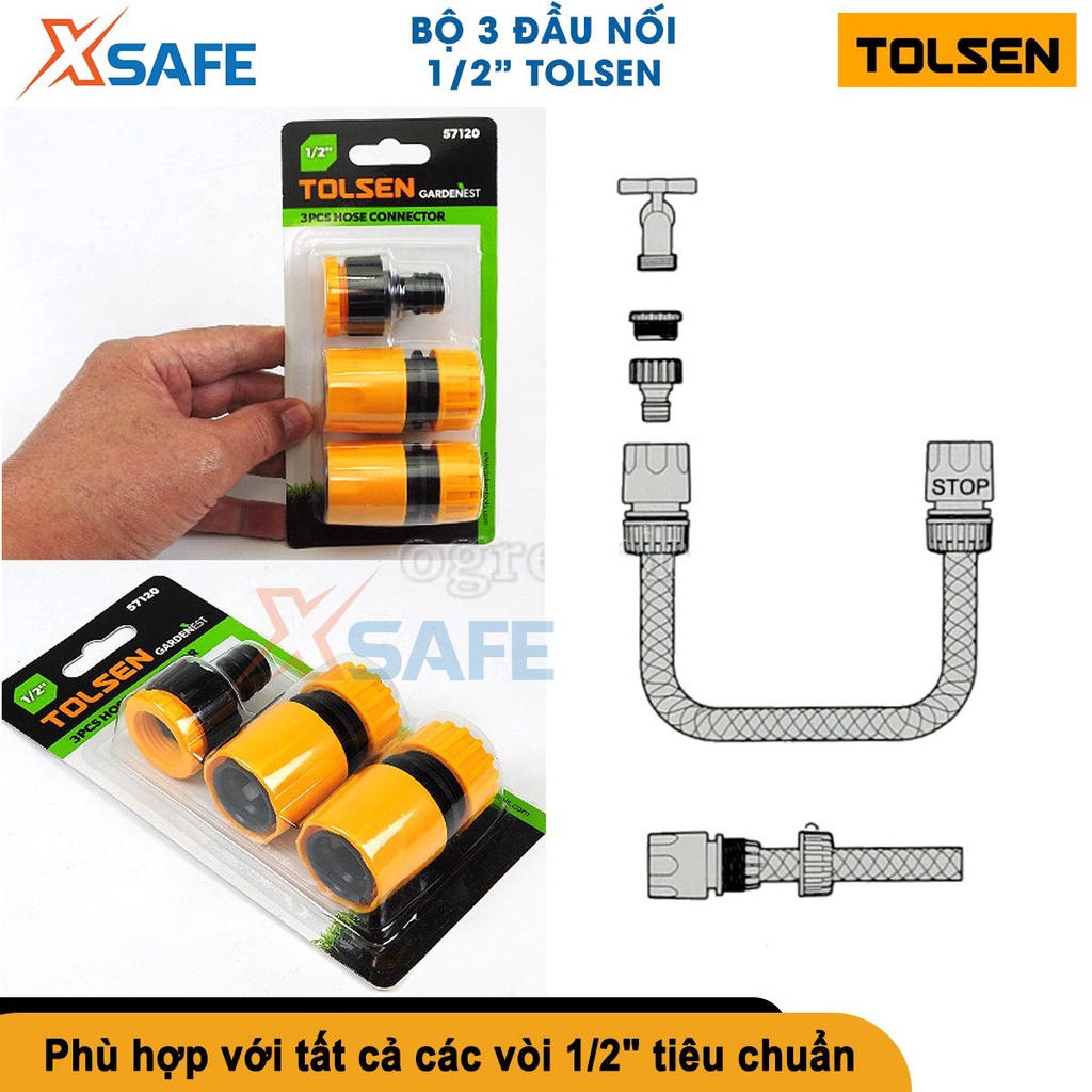 Bộ 3 đầu nối ống nước Tolsen 57120, khớp nối ống 1/2'' chất liệu nhựa ABS cao cấp, dùng nối ống 1/2''[CHÍNH HÃNG][XSAFE]