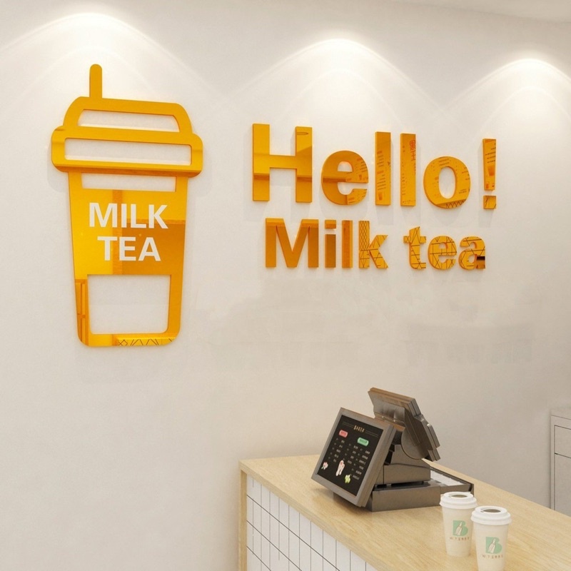 Tranh dán tường mica trà sữa gấu hồng trang trí quán