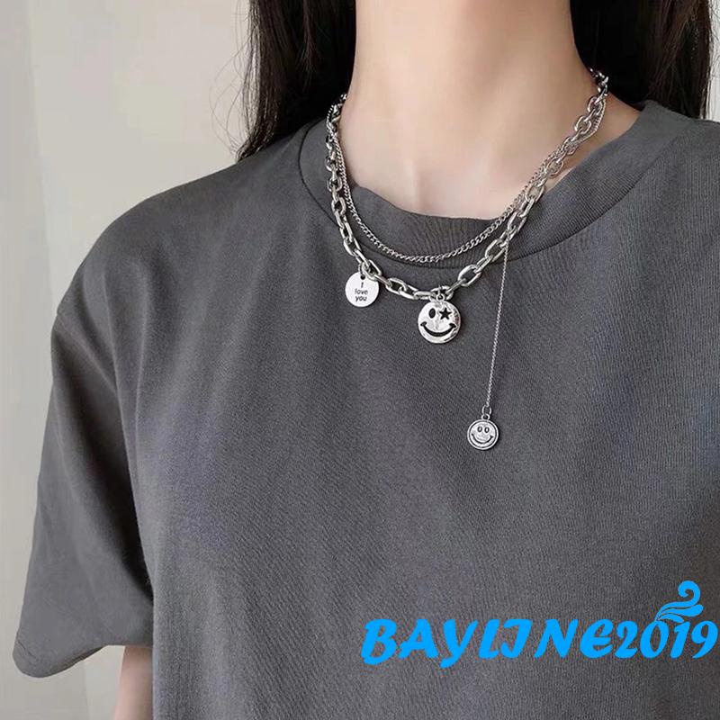 Bay-Women Layered Jewelry, Alloy Smile Face Charm Chain Necklace for Ladies, Gift for Girlfriend and Mother, Silver