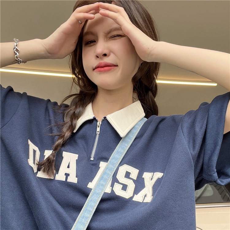 Áo polo Ngắn Tay Dáng Rộng Thêu Chữ Phối Khóa Kéo Kiểu Hàn Quốc Trẻ Trung Cho Nữ