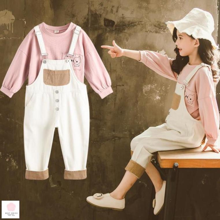 Thời trang bé gái 10 tuổi ☑️ Set Quần Yếm Và Áo Tay Dài Xinh Xắn Cho Bé Gái☑️ yếm cho bé gái 12