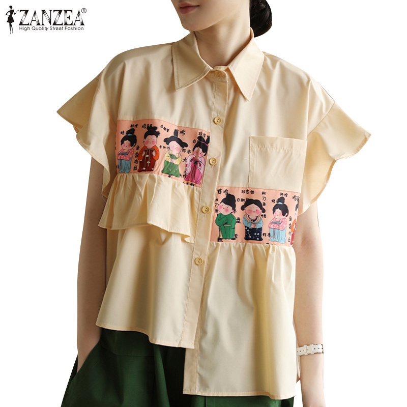 Áo sơ mi ZANZEA cổ bẻ cài nút in họa tiết độc đáo thời trang cho nữ