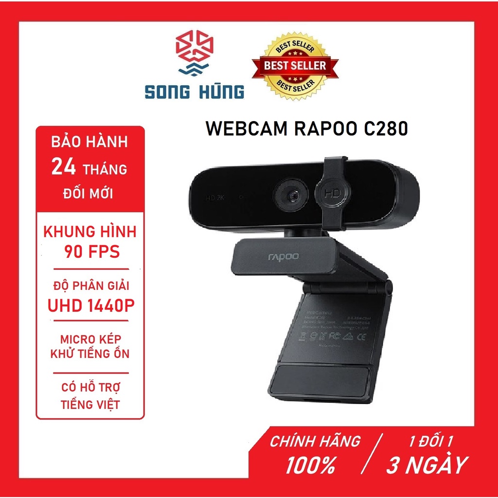 Camera máy tính Webcam Rapoo C280 độ phân giải 2K, micro khử tiếng ồn, có nắp bảo vệ-CHÍNH HÃNG 100%-BH 24 THÁNG ĐỔI MỚI