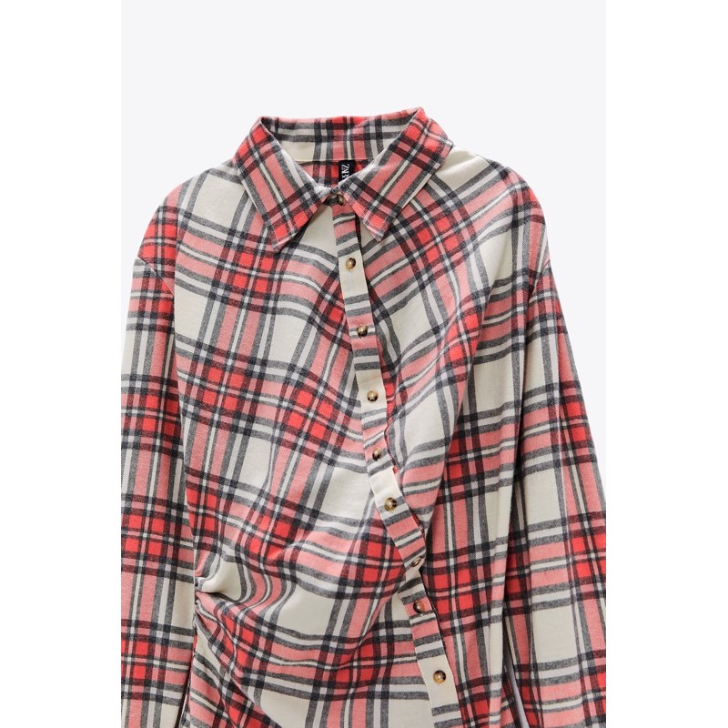 ZARA Đức - Áo sơ mi sale auth new tag cao cấp chính hãng có sẵn caro hồng nút lệch form dài xéo ôm