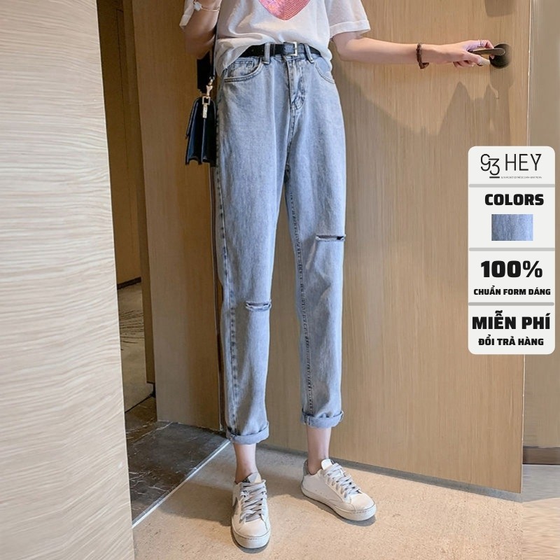 Quần Jean Nữ Rách Gối Cạp Cao Dáng Baggy Màu Xanh Phong Cách Hàn Quốc 93HEY QJ02