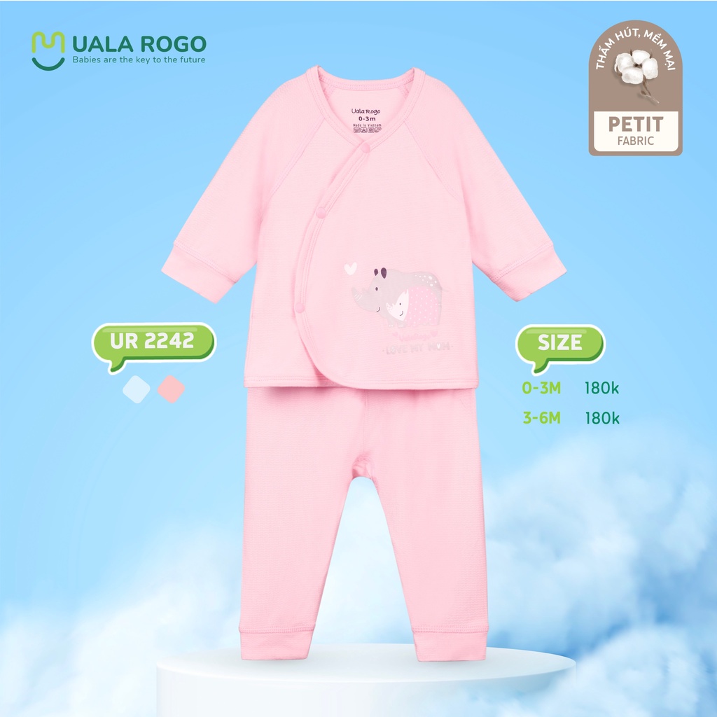 Bộ Uala Rogo Petit cài chéo hà mã dài tay cao cấp thoáng mát mềm mịn thấm hút tốt cho bé trai bé gái sơ sinh 2242