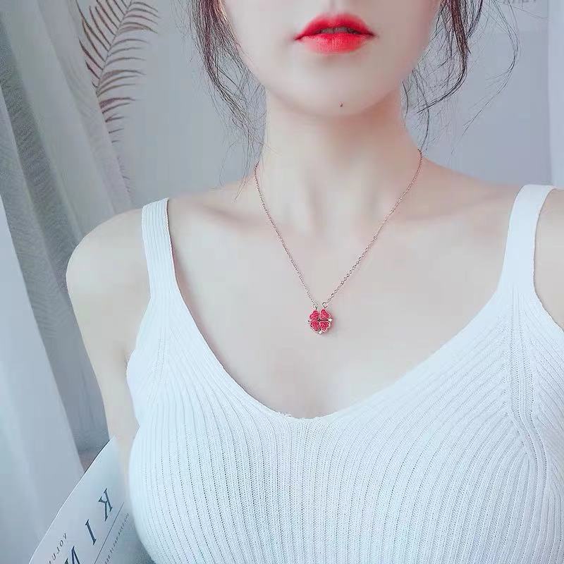 Dây chuyền nữ thời trang X0059 vòng cổ hai mặt cỏ ba lá tình yêu nạm đá thép titan