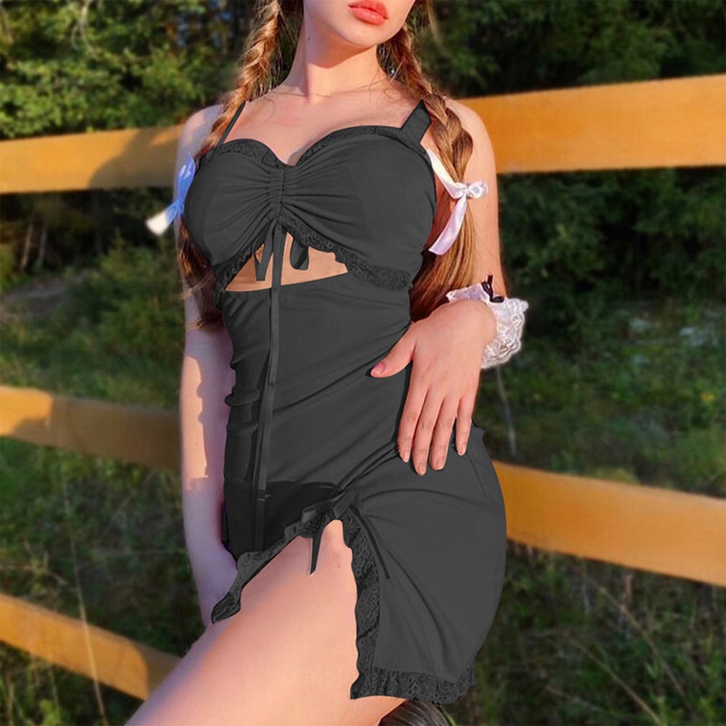 Brroa Đầm Mini Ôm Dáng Không Tay Phối Ren Và Dây Rút Phong Cách Harajuku Ngọt Ngào Mùa Hè Cho Nữ