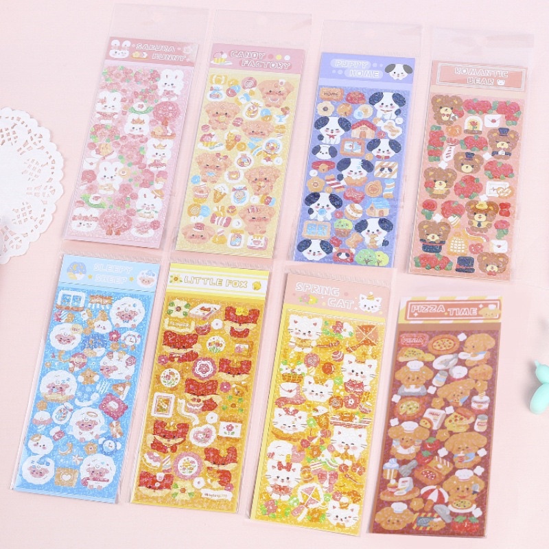 Hình Dán Stickers Con vật Đáng yêu Lấp Lánh chất liệu PVC để Trang trí móc khoá,sổ