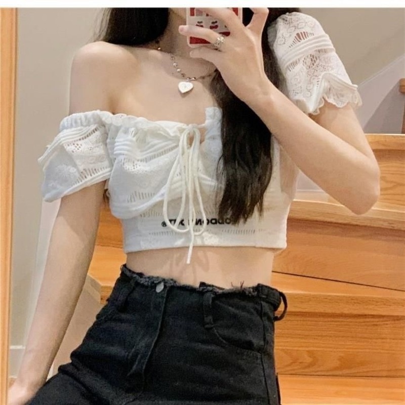 Đầm Ngắn Tay Phồng Cổ Vuông Eo Cao Phối Ren Thời Trang Mùa Hè Cho Nữ