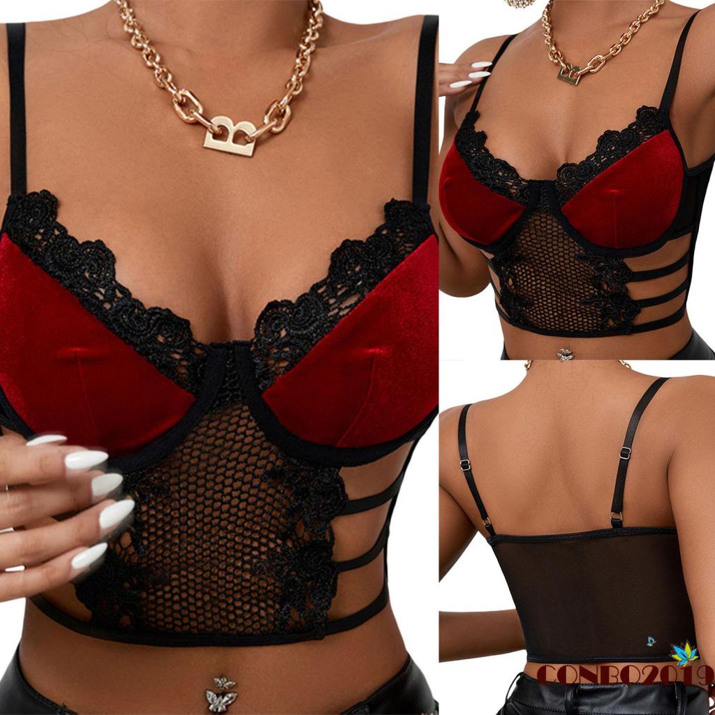 Áo Croptop Hai Dây Cổ Chữ V Phối Ren Quyến Rũ Cho Nữ