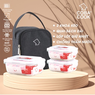 Bộ hộp đựng cơm thủy tinh chịu nhiệt hộp trữ thức ăn  2 hộp 370ml 1 hộp lớn 640ml và 1 túi giữ nhiệt - CCL6L33BS