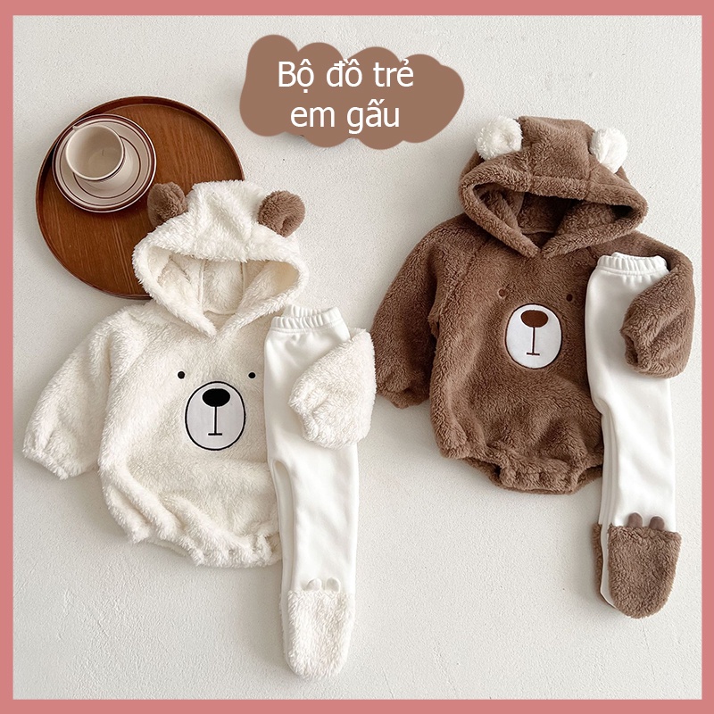Bộ Áo Liền Quần Dài Tay Có Nón + Quần Legging Cotton Thời Trang Mùa Đông Cho Bé Sơ Sinh