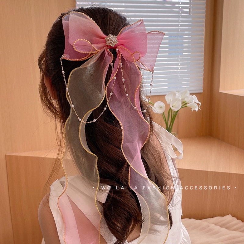 Dây buộc tóc vải ruy băng thắt nơ lưới phong cách Nhật Bản dành cho nữ