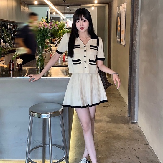 Set đồ 2 món ZHELIHANGFEI gồm áo sơ mi dệt kim cổ polo ngắn tay và chân váy eo cao phong cách gợi cảm