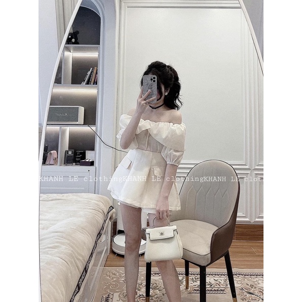 Set áo tơ bèo màu kem trễ vai mix cùng quần váy cực tiểu thư . Kèm video bà ảnh thật