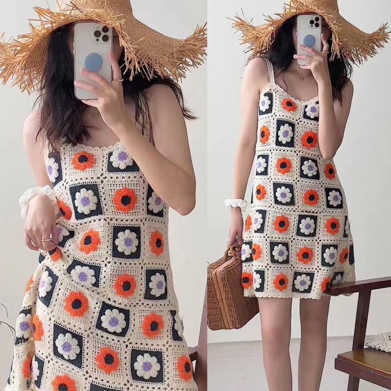 Đầm Chữ A Dệt Kim Không Tay Thêu Hoa Thời Trang Mùa Hè Cho Nữ