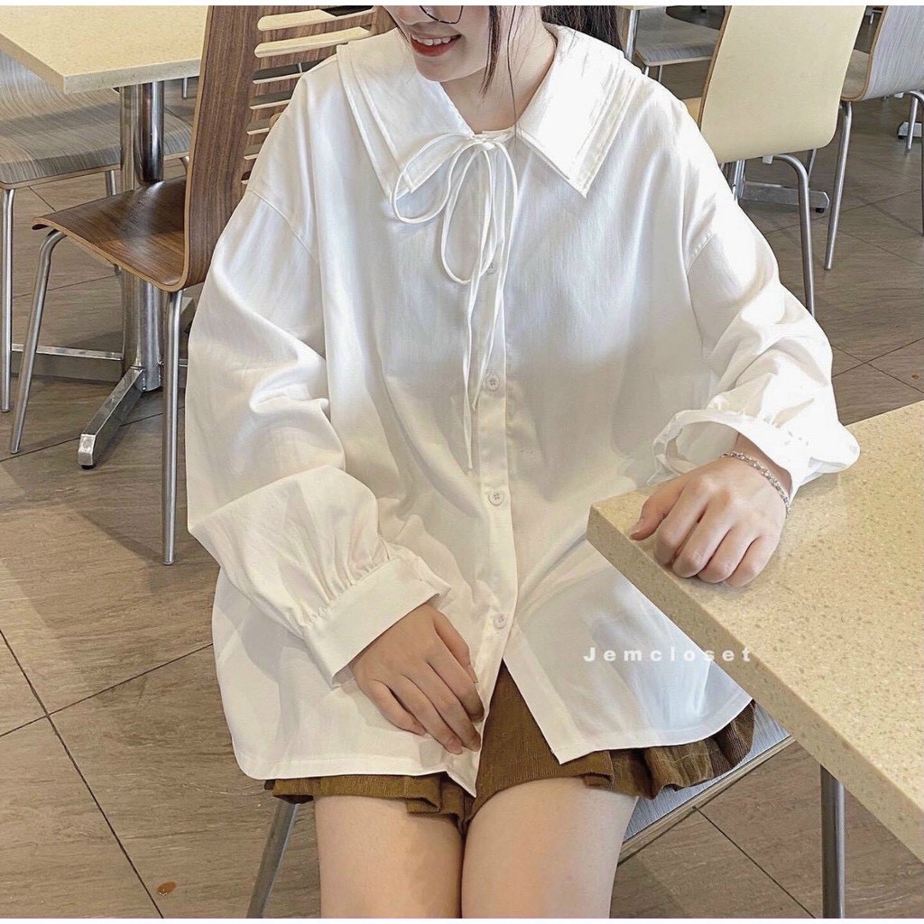 Áo sơ mi trắng tay bồng cổ PETET buộc nơ dáng rộng unisex/ Áo sơ mi dài tay phom thụng thanh lịch_ranstore | BigBuy360 - bigbuy360.vn