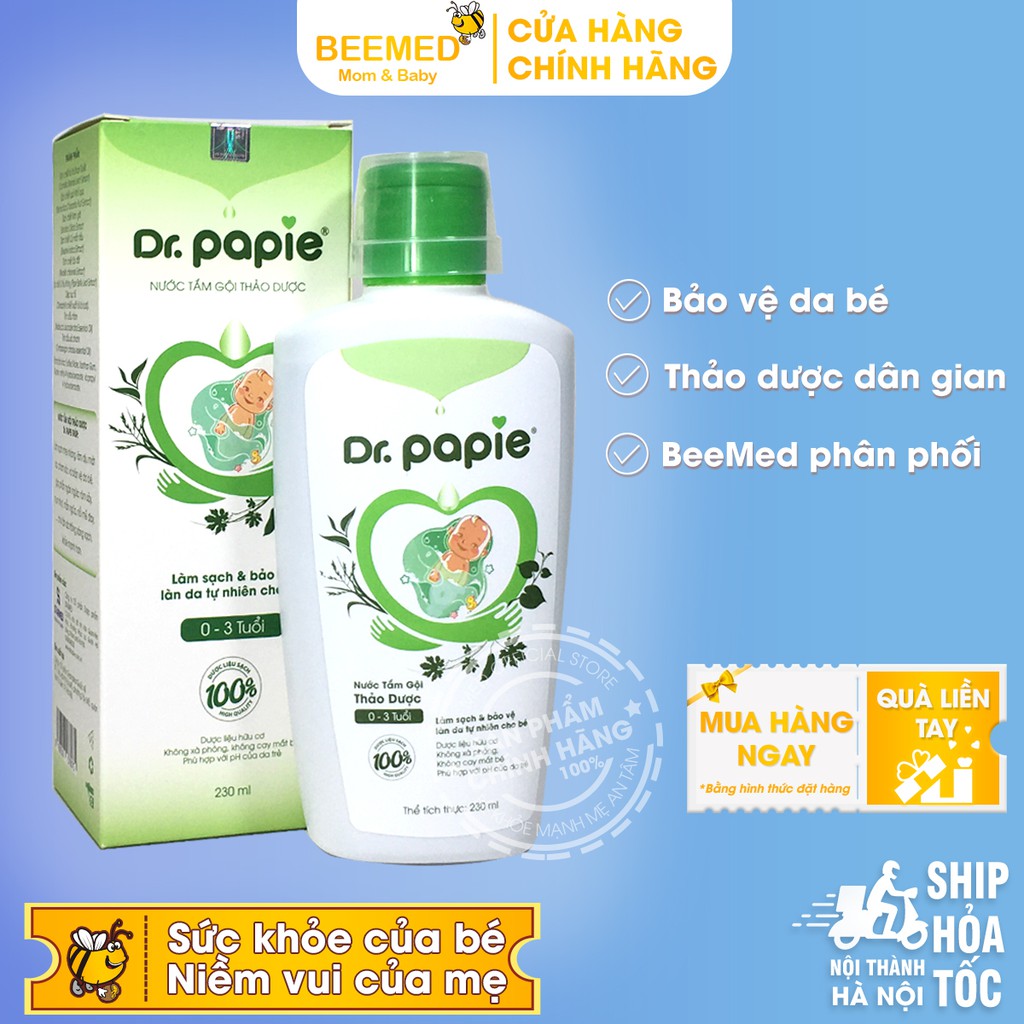 Sữa tắm Dr Papie Chai 230ml - Gội thảo dược cho bé từ sơ sinh từ lá trà, mướp đắng, trầu không, tràm, sả chanh