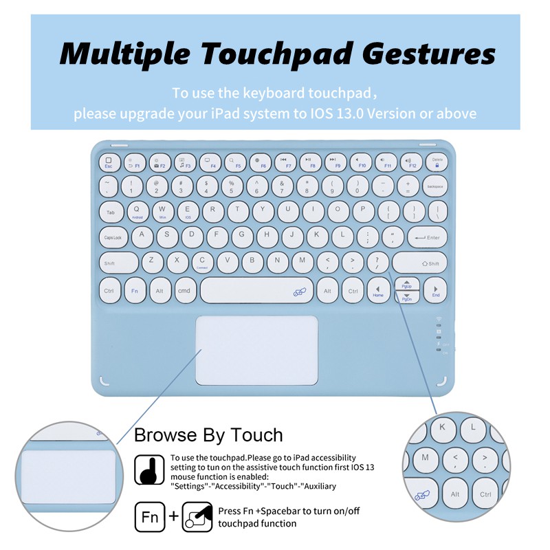 Colorful Wireless Touchpad Bluetooth Keyboard &amp; Mouse Universal For Apple IOS Android Windows 10 inch Tablet iPad Keyboard Round Keycaps Magnetic Detachable Keyboard Built-in Smart Touchpad Trackpad