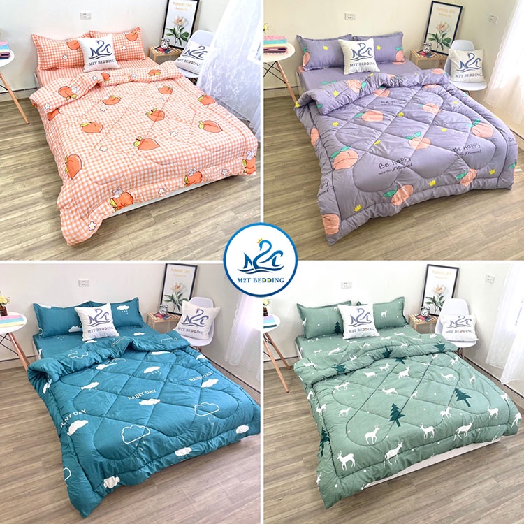 Bộ chăn ga gối Cotton poly M2T Bedding, chăn phao siêu nhẹ dày ấm họa tiết drap mền đáng yêu | BigBuy360 - bigbuy360.vn