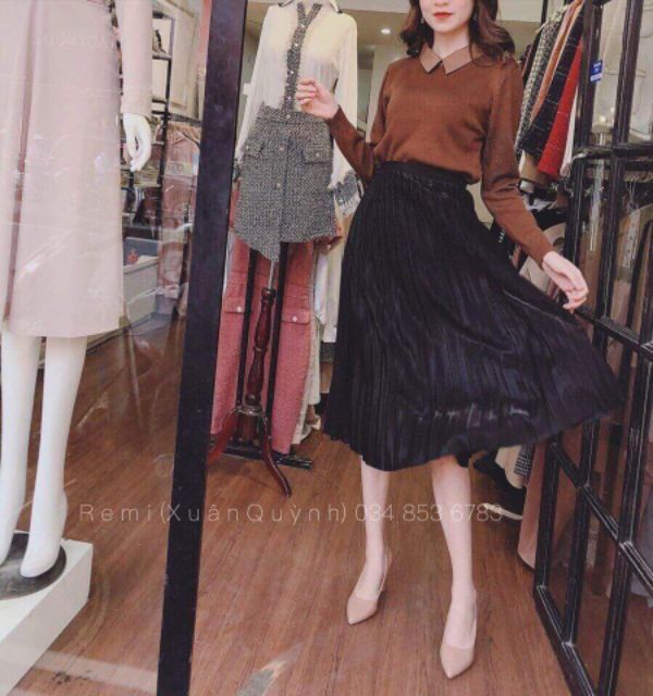 Chân váy dập li dáng dài ánh nhũ hàng QC