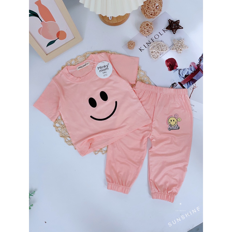 [Size 7-18kg] Bộ Áo Cộc Tay Quần Dài Vải Thun Lạnh Minky Mon Hình Mặt Cười Cho Bé
