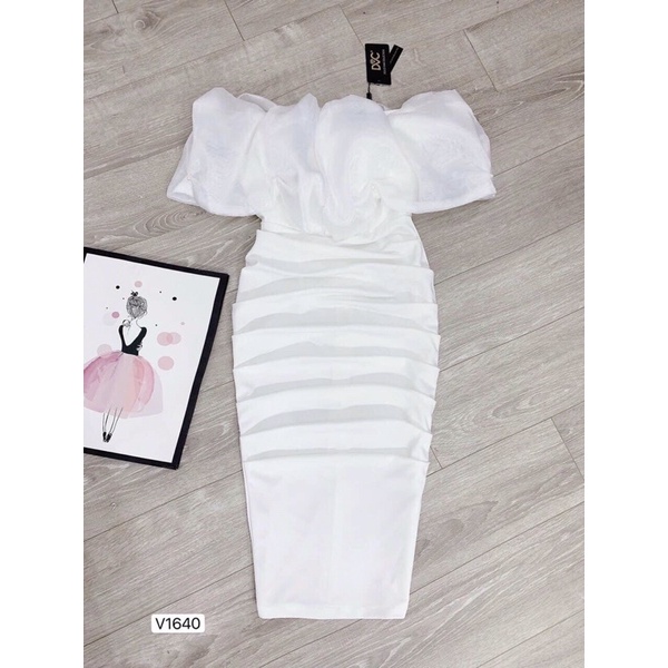 V1640 váy body trễ vai màu trắng