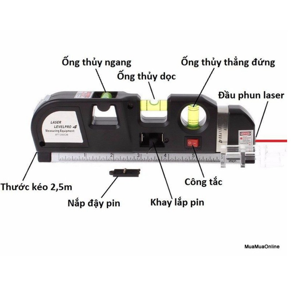 Thước Đo Đa Năng Laser Fixit 2 Tia Dọc Ngang + Tặng Kèm 3 Viên Pin