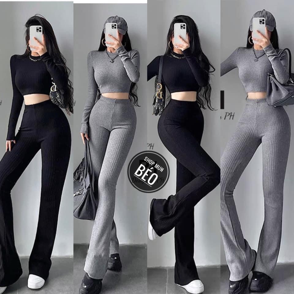 [MẪU MỚI] Set Bộ Quần Dài Ống Loe Kèm Áo Croptop Tay Dài Chất Thun Gân Chính Phẩm Thích Hợp Mặc Đi Tiệc Đi Làm Đi Chơi