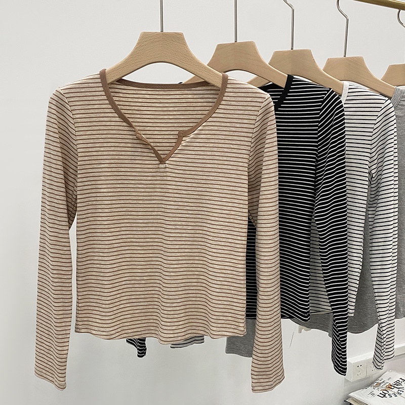 Áo Thun Kẻ Sọc Cổ Chữ v Phong Cách Hàn Quốc Thời Trang Mùa Thu Dành Cho Nữ 54921