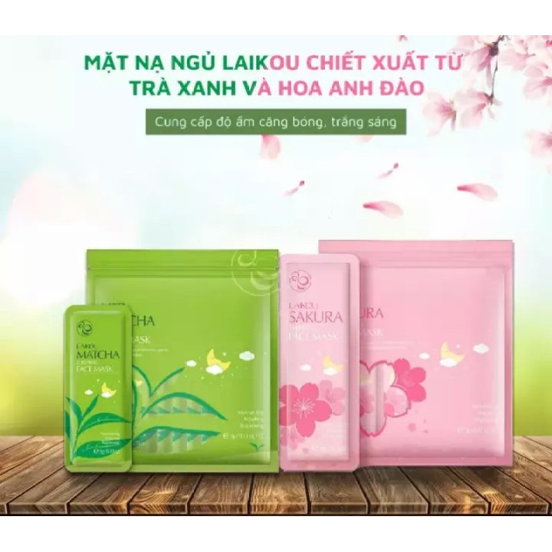 Mặt nạ ngủ trà xanh laikou dưỡng ẩm giảm mụn tái tạo da HATAJI (bịt 15 gói)