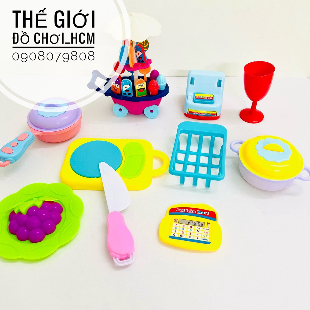 [TRỢ GIÁ-NHIỀU CHI TIẾT] Túi đồ chơi nhà bếp nấu ăn gồm XE KEM, chảo, nồi, kèm phụ kiện rau quả y hình dành cho bé
