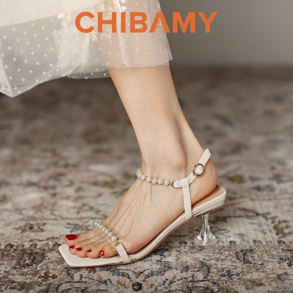 Giày sandal cao gót nữ quai Cườm gót mảnh cao 7cm CHIBAMY