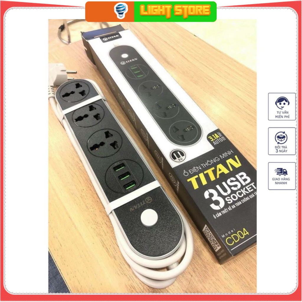 Combo Bộ 3 Ổ Cắm Điện Thông Minh TITAN 3 Cổng Cắm Điện 3 Cổng USB - CD04 có màng che nhựa an toàn với trẻ em.