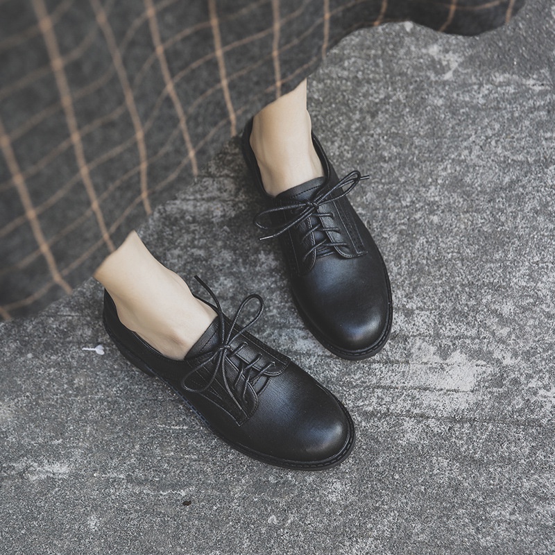 Giày Da Oxford Cột Dây Mũi Tròn Phong Cách Retro Anh Quốc