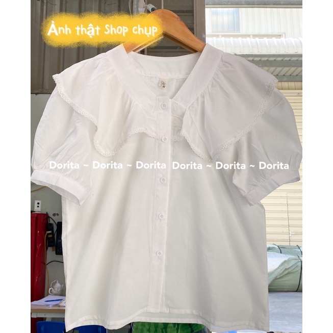 Áo sơ mi voan tơ 2 lớp cổ bèo, Áo sơ mi voan tay bồng cúc ngọc - Dorita Boutique | BigBuy360 - bigbuy360.vn