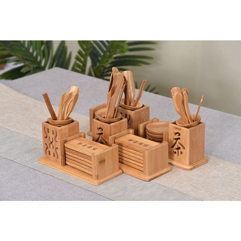 Combo bộ dụng cụ pha trà,6 miếng lót ly chén kèm hộp đựng chất liệu gỗ tre sang trọng