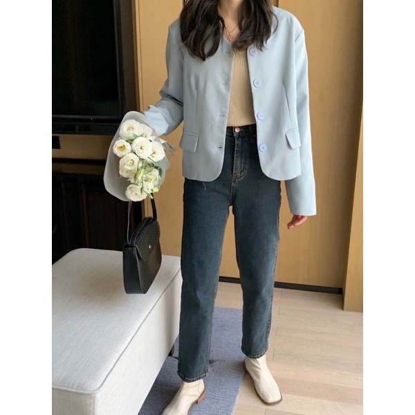 Áo khoác áo blazer dáng ngắn không cổ màu pastel thời trang nữ phong cách Hàn Quốc