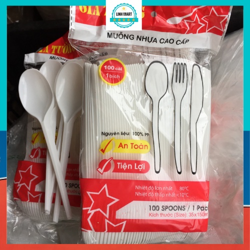 Thìa nhựa Gia Tường gói đủ 100 chiếc, Thìa nhựa dùng một lần LINHMART