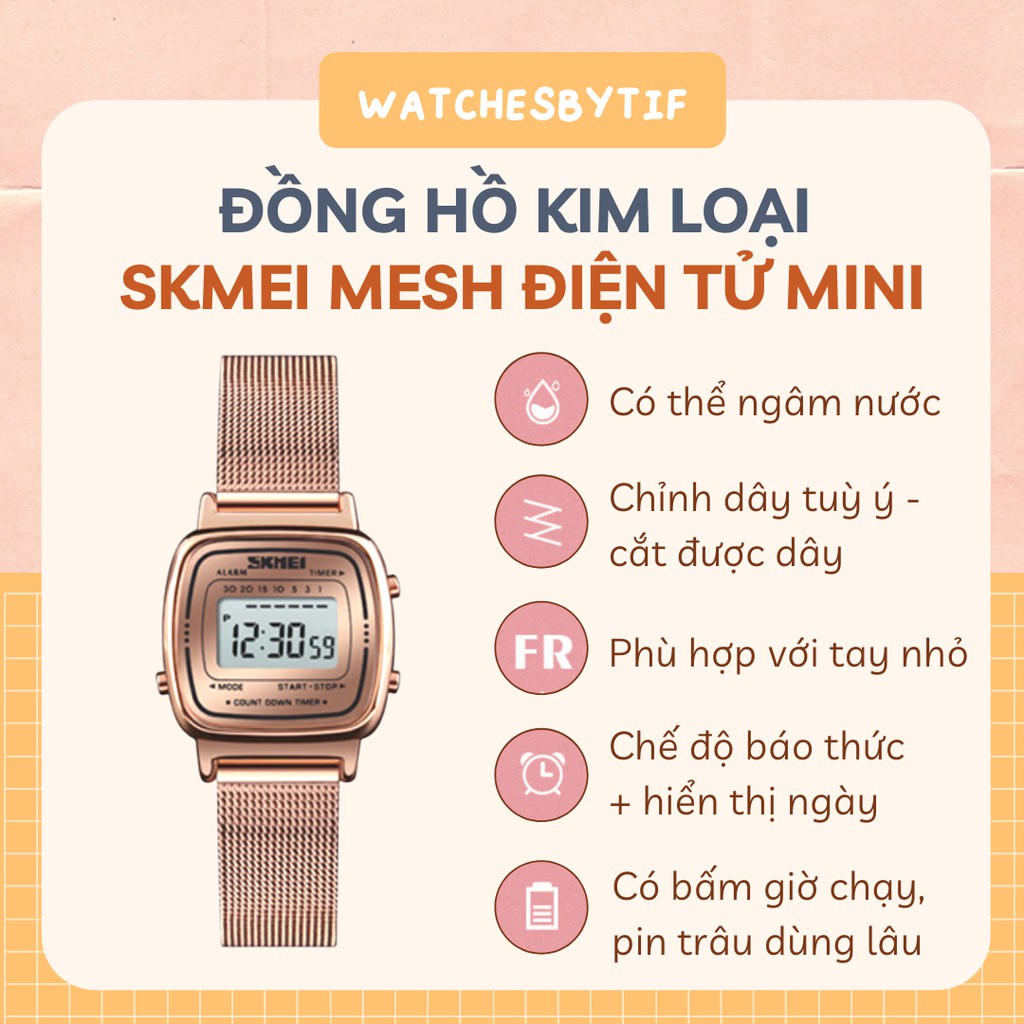 Đồng hồ nữ điện tử mặt nhỏ SKMEI MESH rose gold đồng hồ thời trang cá tính Watchesbytif size 22mm kèm báo thức bấm giờ