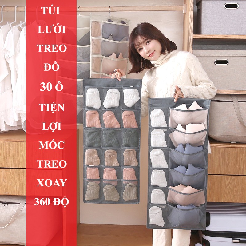 Túi Lưới Treo Đồ Lót Tất Vớ 2 Mặt 30 Ô Có Móc Treo Xoay 360 Độ Tiện Lợi
