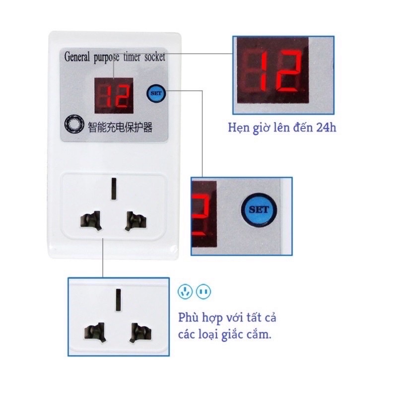 Ổ Cắm Hẹn Giờ Điện Tử Tự Ngắt Sạc Điện Thoại , Xe Điện , Laptop bảo vệ Pin