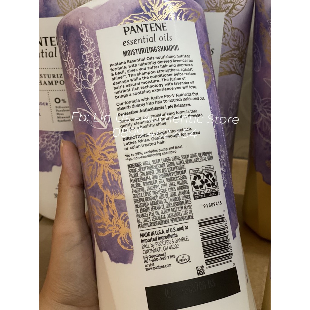 Mẫu mới Chính hãng Mỹ - Cặp Gội xả Pantene Essential Oils Moisturizing Hương Lavender 1.13L