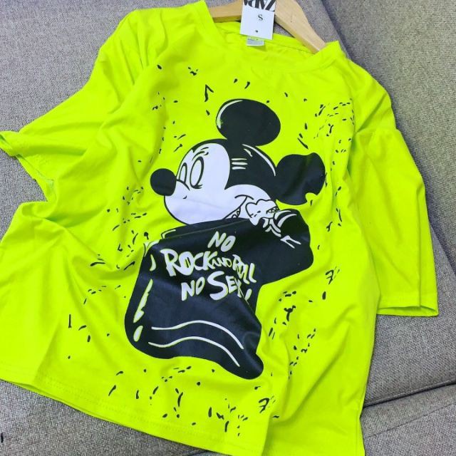 Áo Thun Nữ Form Rộng Tay Lỡ Chất Đẹp, Áo Phông Mickey Xanh Chuối