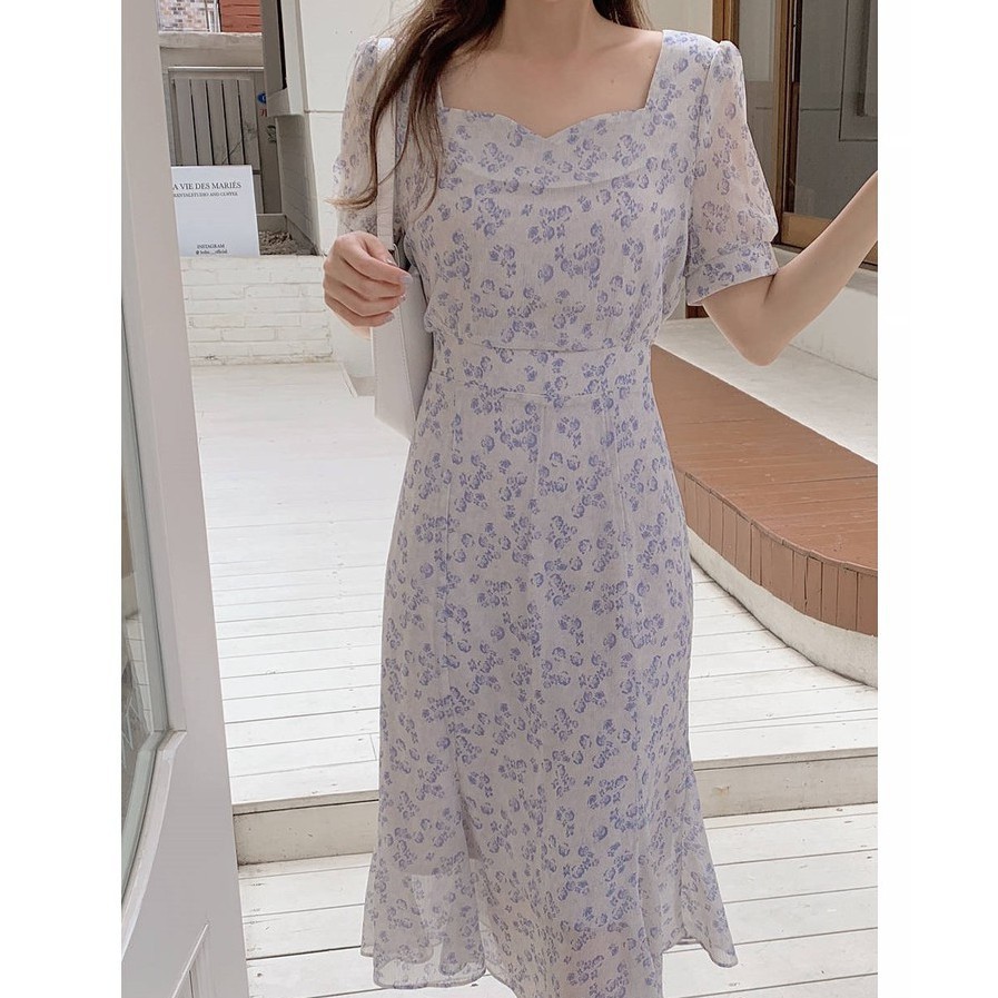 Đầm Voan Hoa Cổ Vuông Thắt Dây Thời Trang Mùa Hè Hàn Quốc Mới 44662